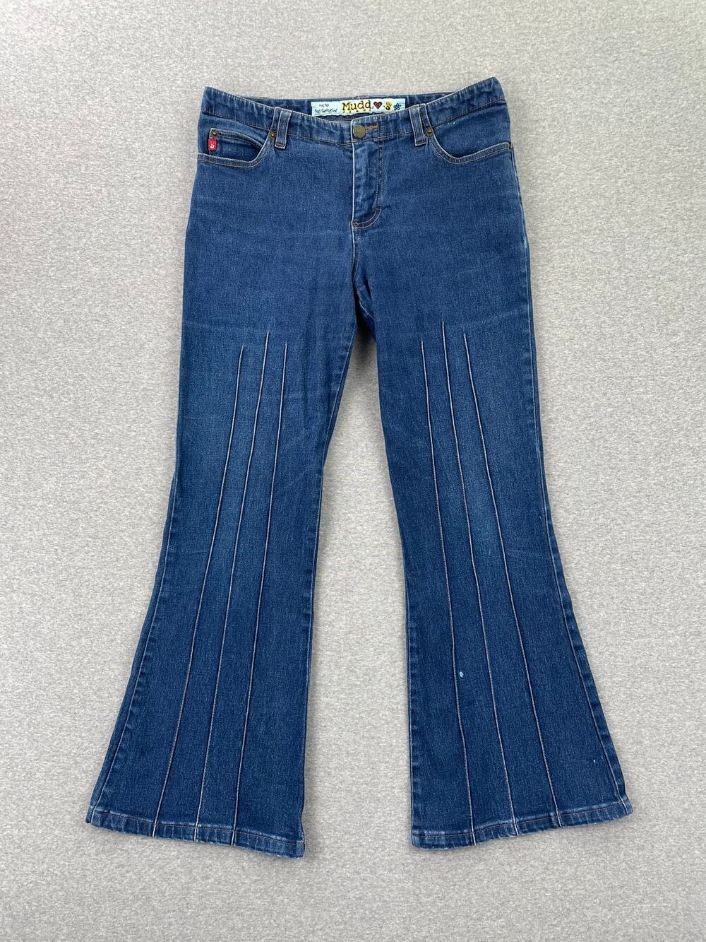 Vintage Y2K 00s Mudd Low Rise Flare Jeans Size 9 Medium Wash Blue Pintuck Stitch
